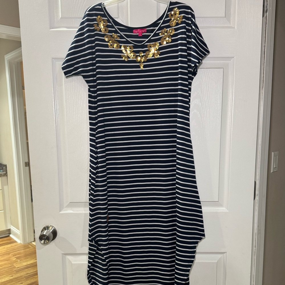 Simply Southern Black and White Striped Dress with Gold Detail